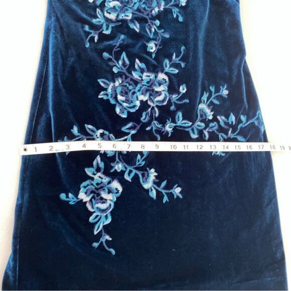 WHBM Teal Velvet Lace Trim Floral Embroidered Flounce Sleeve Dress XS Petite - Picture 9 of 11